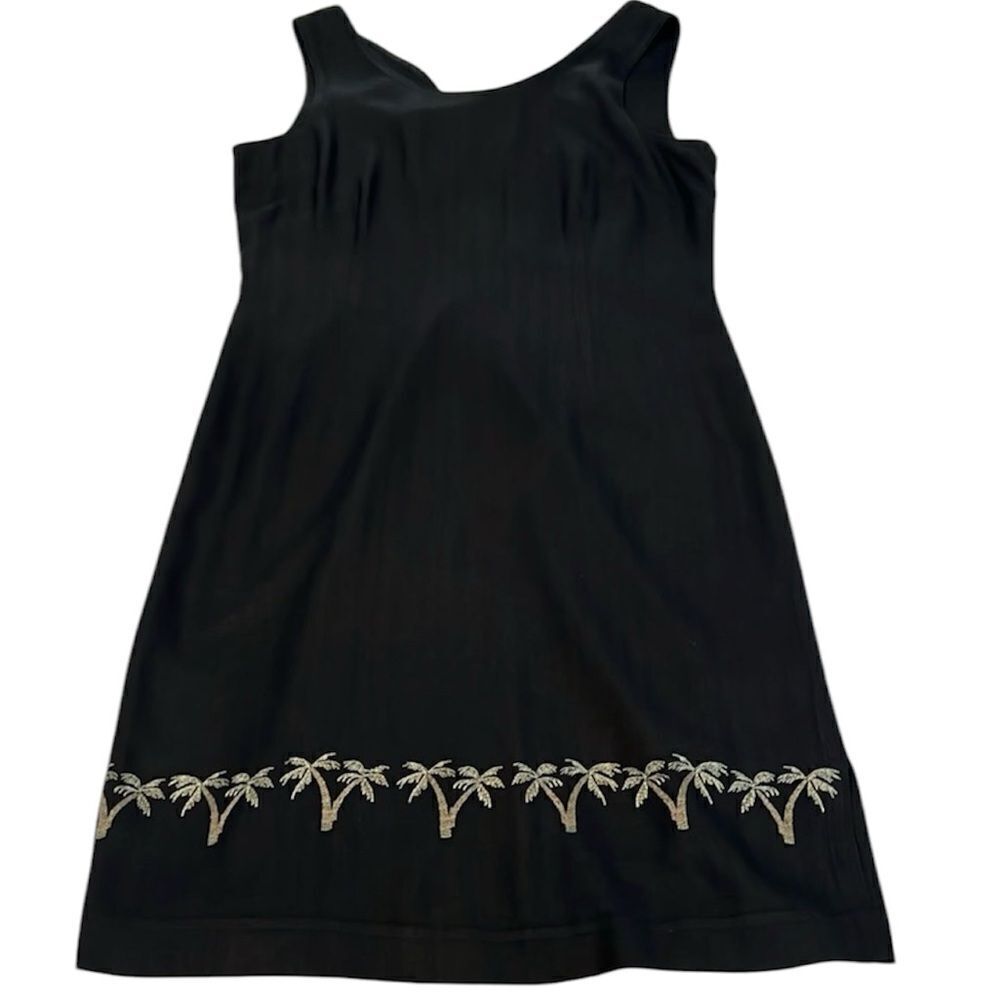 Tiki classics sz6 black w/Palm tree boarder 100% silk sleeveless sheath EUC